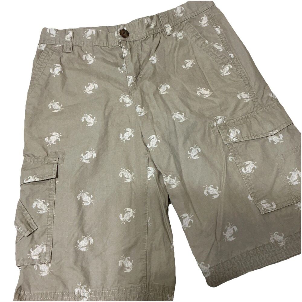 Lands End Boys 12H Cargo Shorts Khaki Crabs Nautical Summer Adjustable Waist EUC